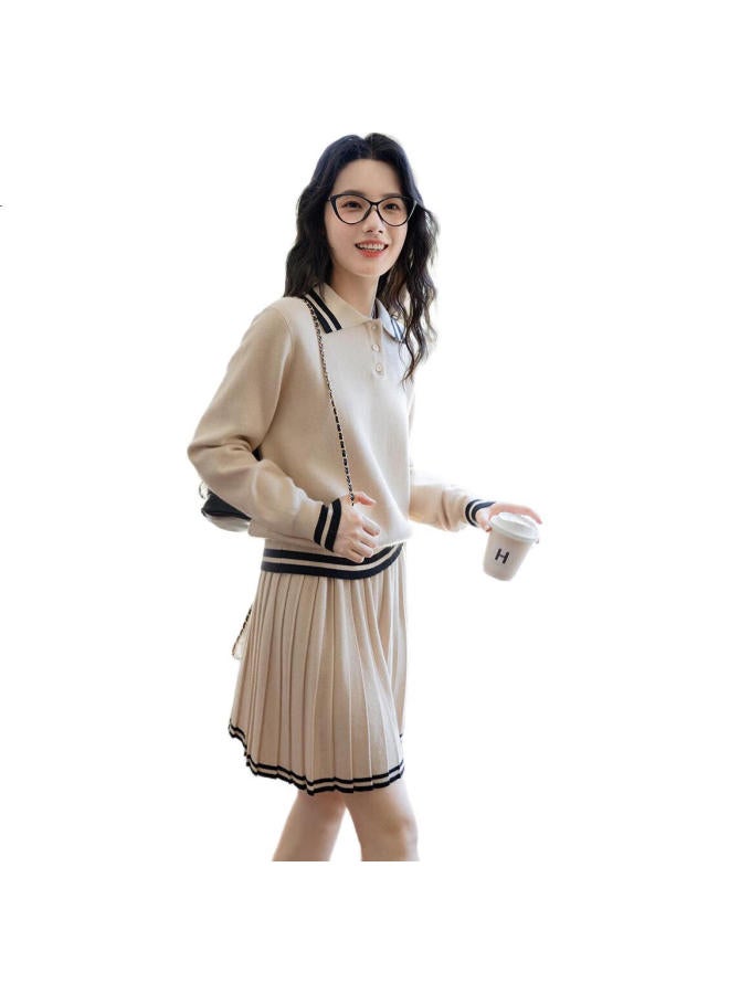 Dme Campus Retro Style College Wind Age-Reducing Short Skirt Two-Piece Set Lapel Slimming Casual Striped Knit Suit Women - Image 3