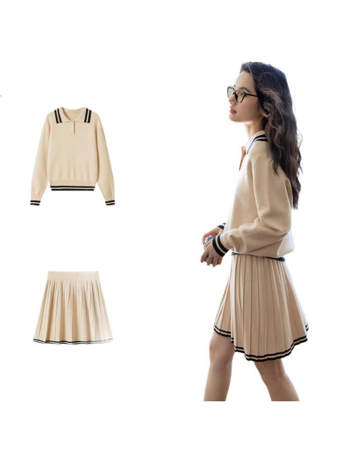 Dme Campus Retro Style College Wind Age-Reducing Short Skirt Two-Piece Set Lapel Slimming Casual Striped Knit Suit Women - Image 2