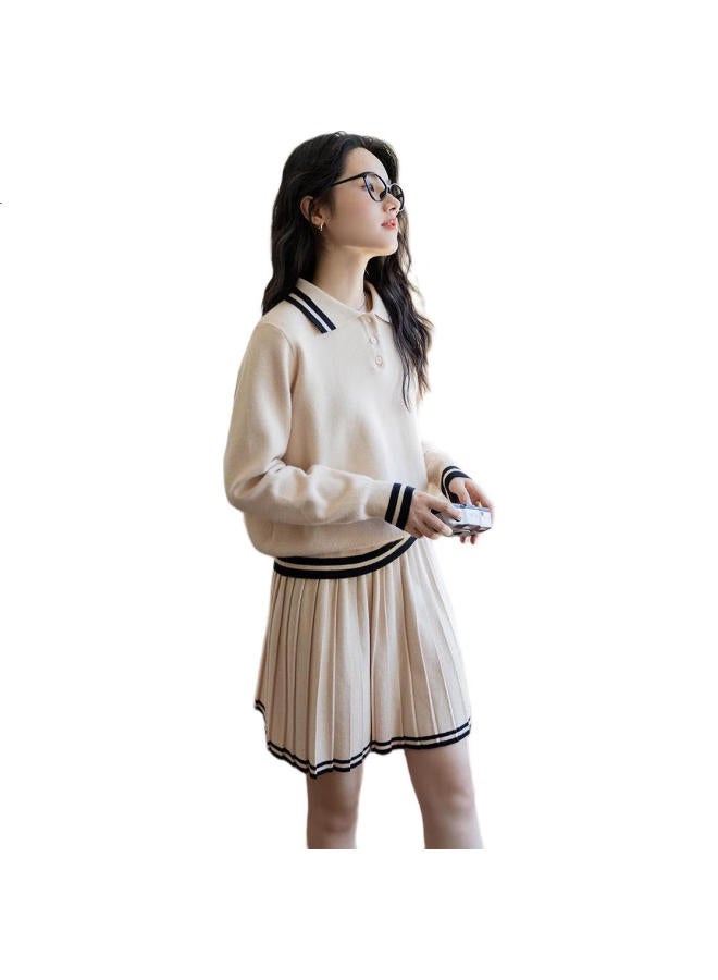 Dme Campus Retro Style College Wind Age-Reducing Short Skirt Two-Piece Set Lapel Slimming Casual Striped Knit Suit Women - Image 1