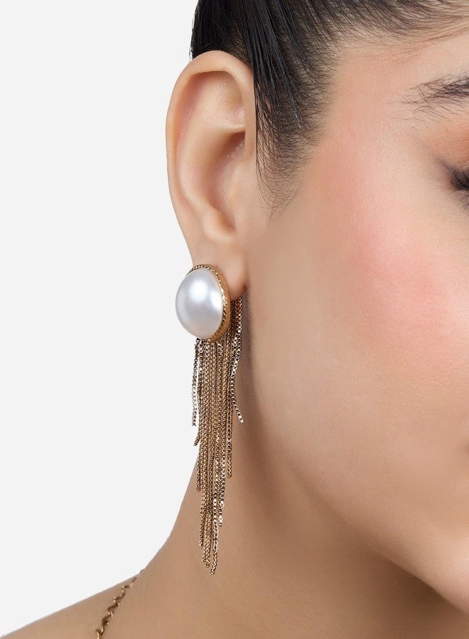 Ami Pack of 2 Gold Tone Pearls Embellished Contemporary Statement Tassel and Studs Earrings For Women-ZPFK20672 - Image 4