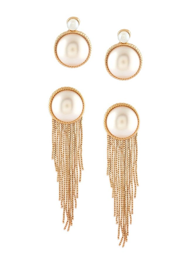 Ami Pack of 2 Gold Tone Pearls Embellished Contemporary Statement Tassel and Studs Earrings For Women-ZPFK20672 - Image 1