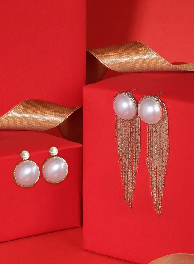 Ami Pack of 2 Gold Tone Pearls Embellished Contemporary Statement Tassel and Studs Earrings For Women-ZPFK20672 - Image 2