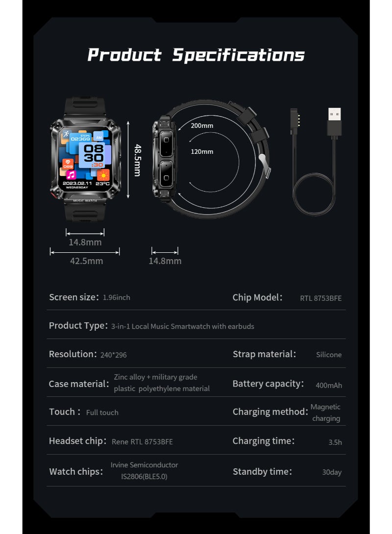 T93 Bluetooth Smart Watch With Earbuds For Android iPhone Fitness Tracker With Blood Oxygen Heart Rate Sleep Monitor Long Time Standby Sports Black