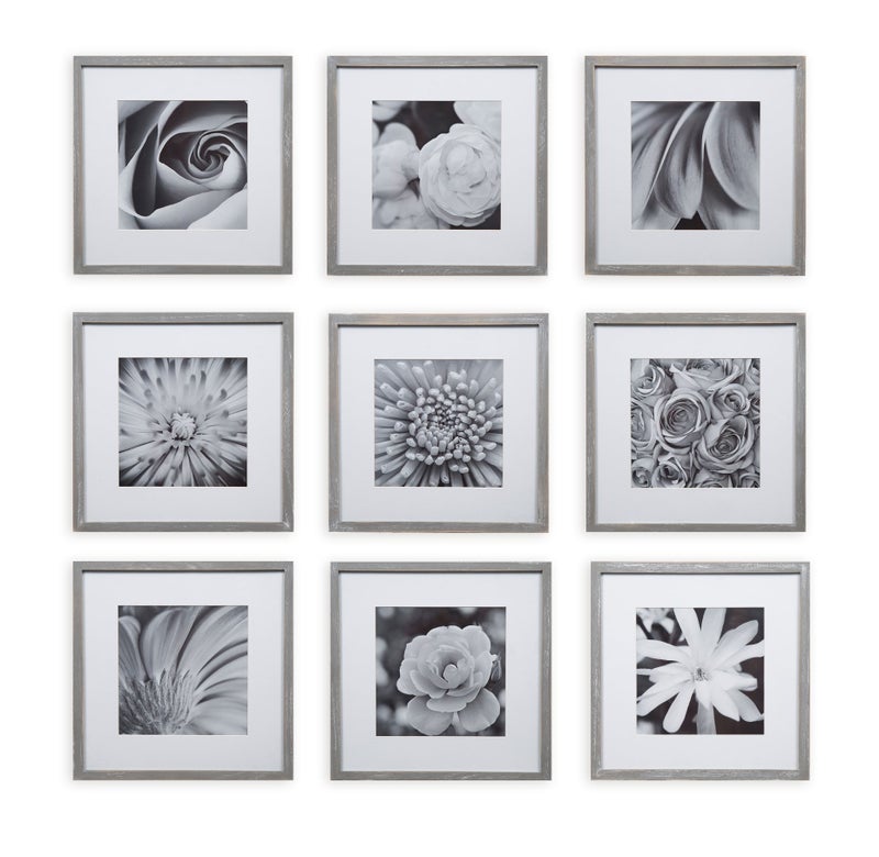 Gallery Perfects 9Piece Greywash  Square Photo Frame  Stunning Display with Frame Wall Gallery Kit  Decorative Art Prints  Hanging Template  Effortless Styling  Square Wall Mount  Grey Frame - Image 1