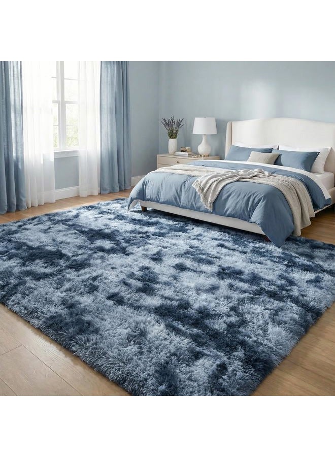 DweIke Fluffy Blue Grey Rugs for Bedroom Living Room, 4x6 Feet Soft Plush Shaggy Tie-Dyed Navy Blue Gray Girls Boys Kids Rug, Upgraded Non-Slip and Machine Washable Carpet for Dorm Nursery Decor - Image 4