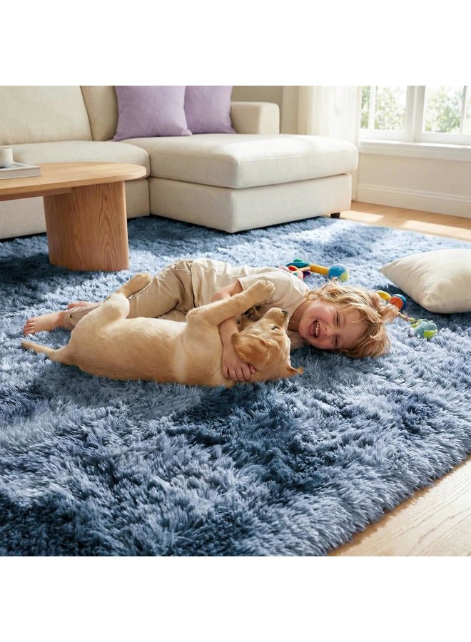 DweIke Fluffy Blue Grey Rugs for Bedroom Living Room, 4x6 Feet Soft Plush Shaggy Tie-Dyed Navy Blue Gray Girls Boys Kids Rug, Upgraded Non-Slip and Machine Washable Carpet for Dorm Nursery Decor - Image 2