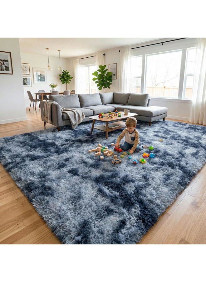 DweIke Fluffy Blue Grey Rugs for Bedroom Living Room, 4x6 Feet Soft Plush Shaggy Tie-Dyed Navy Blue Gray Girls Boys Kids Rug, Upgraded Non-Slip and Machine Washable Carpet for Dorm Nursery Decor - Image 1