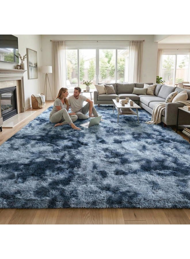 DweIke Fluffy Blue Grey Rugs for Bedroom Living Room, 4x6 Feet Soft Plush Shaggy Tie-Dyed Navy Blue Gray Girls Boys Kids Rug, Upgraded Non-Slip and Machine Washable Carpet for Dorm Nursery Decor - Image 3