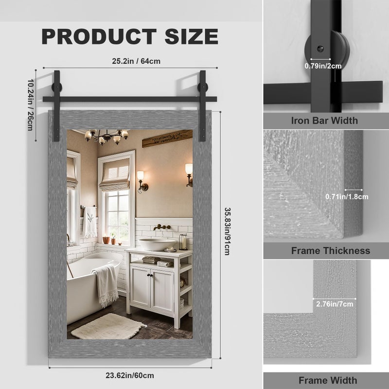 Hasipu Farmhouse Bathroom Mirror, 24"x36" Rustic Wood Framed Wall Mounted Mirror, Gray Vintage Vanity Mirror Barn Door Style Decrative Mirrors - Image 2