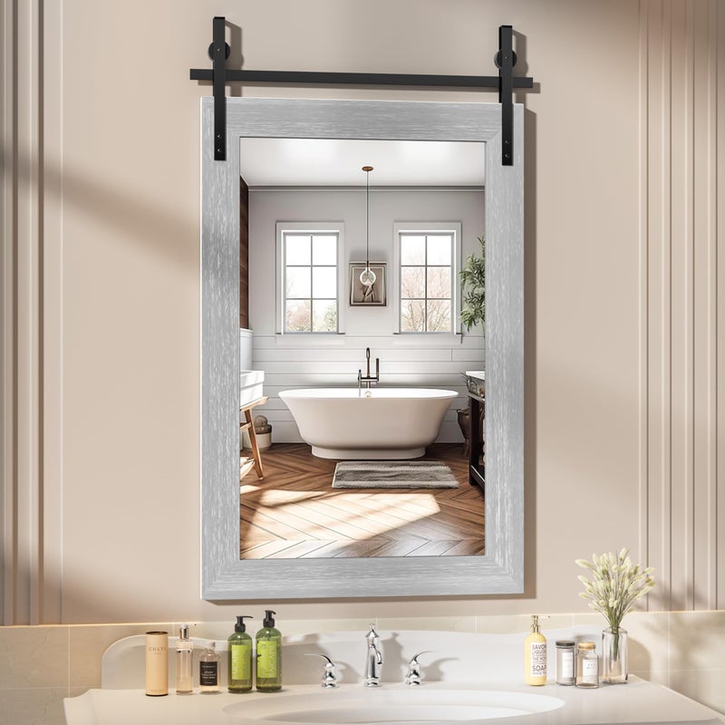 Hasipu Farmhouse Bathroom Mirror, 24"x36" Rustic Wood Framed Wall Mounted Mirror, Gray Vintage Vanity Mirror Barn Door Style Decrative Mirrors - Image 1