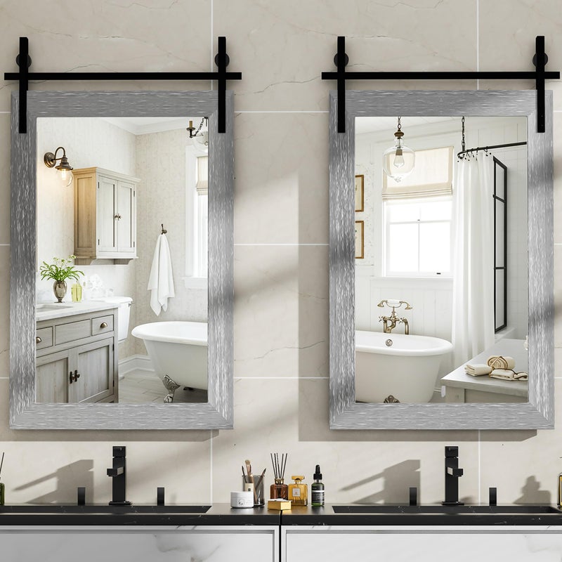 Hasipu Farmhouse Bathroom Mirror, 24"x36" Rustic Wood Framed Wall Mounted Mirror, Gray Vintage Vanity Mirror Barn Door Style Decrative Mirrors - Image 4