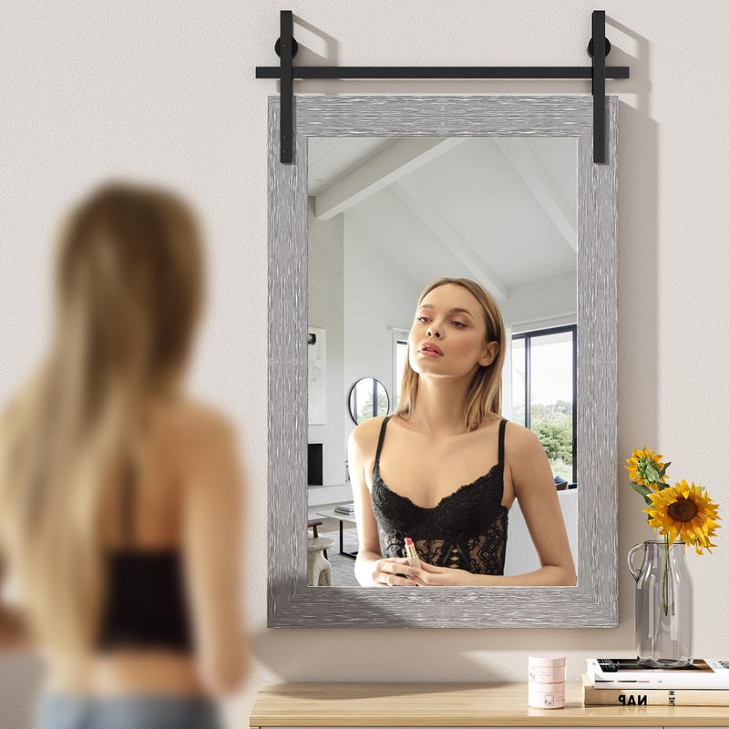 Hasipu Farmhouse Bathroom Mirror, 24"x36" Rustic Wood Framed Wall Mounted Mirror, Gray Vintage Vanity Mirror Barn Door Style Decrative Mirrors - Image 5