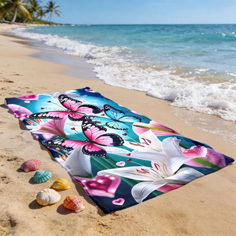 1pc Butterfly and Floral Pattern Beach Towel 19.68in 39.37in Soft Lightweight Quick Dry Easy Clean Durable Versatile Machine Washable Unisex Towel for Couples Beach Pool Yoga Surfing Camping Valentine Gift - Image 1