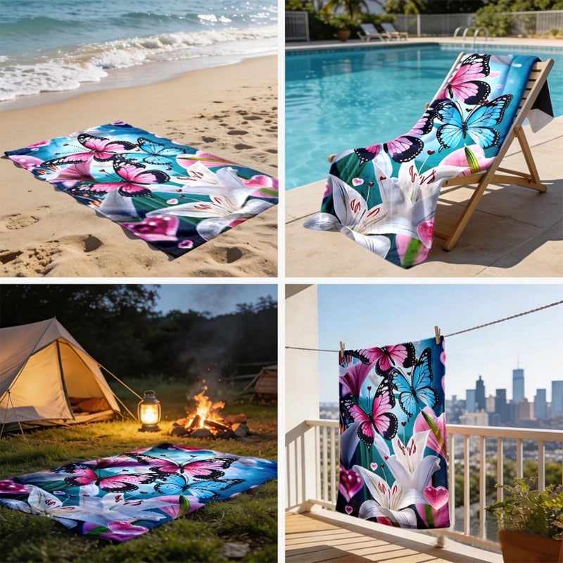 1pc Butterfly and Floral Pattern Beach Towel 19.68in 39.37in Soft Lightweight Quick Dry Easy Clean Durable Versatile Machine Washable Unisex Towel for Couples Beach Pool Yoga Surfing Camping Valentine Gift - Image 5