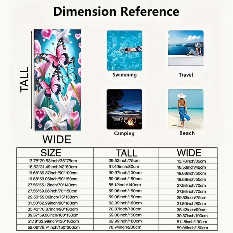 1pc Butterfly and Floral Pattern Beach Towel 19.68in 39.37in Soft Lightweight Quick Dry Easy Clean Durable Versatile Machine Washable Unisex Towel for Couples Beach Pool Yoga Surfing Camping Valentine Gift - Image 3