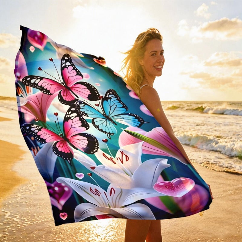 1pc Butterfly and Floral Pattern Beach Towel 19.68in 39.37in Soft Lightweight Quick Dry Easy Clean Durable Versatile Machine Washable Unisex Towel for Couples Beach Pool Yoga Surfing Camping Valentine Gift - Image 2