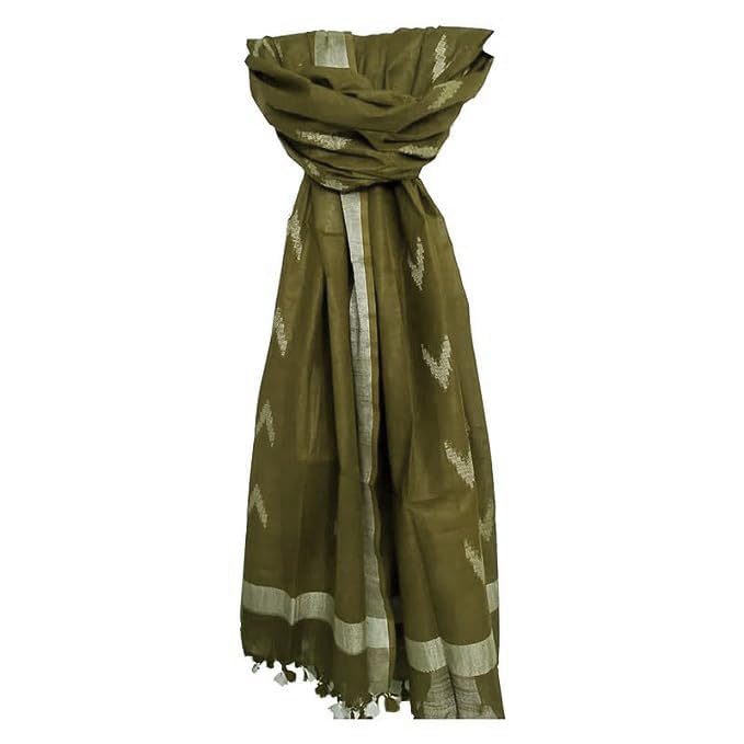 SheenKraft | Women's Handloom Linen Cotton Blend Bhagalpuri Ikkat Dupatta with Zari Designed Free Size_Color Variation (Free, Olive_Green) - Image 4