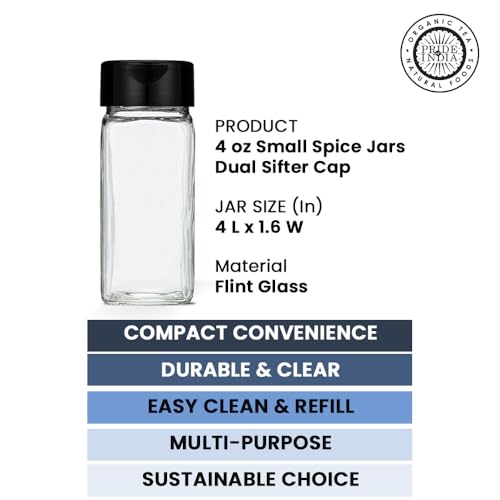 Pride Of India 4 oz Glass Spice Jar with Dual Sifter Cap | Small Clear Glass Jar with Lid for Spices, Herbs, Salt, Pepper & Seasoning Storage | Food Grade BPA Free, USA Made - Image 5