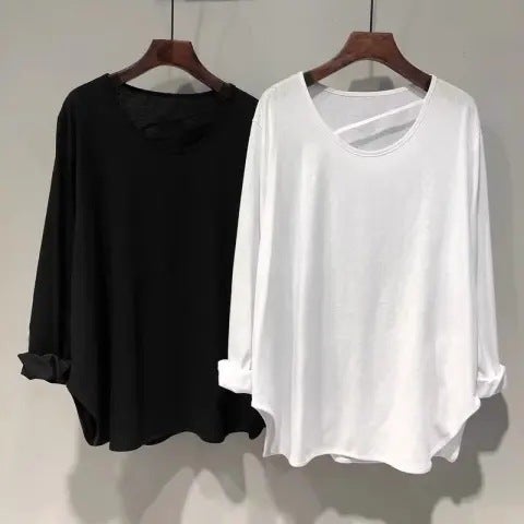 Fashion 2024 Spring and Autumn New Irregular Long Sleeve Solid Color T-shirt Womens Pure Cotton Loose plus size Design Sense Top Trendy White - Image 1
