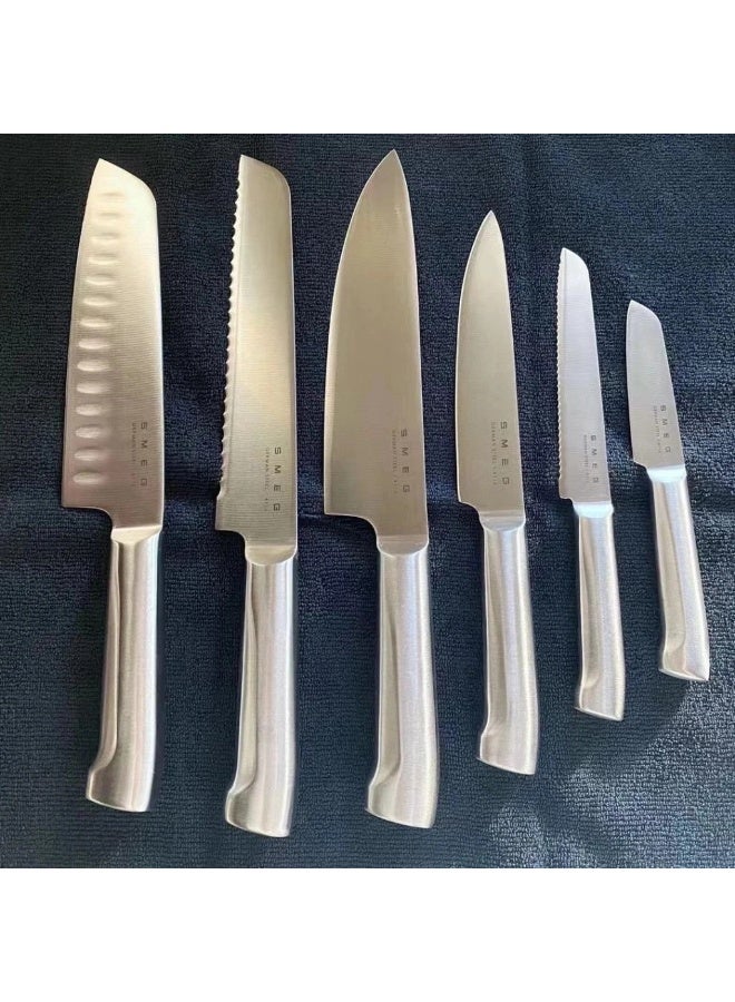 Smeg Knife Block, 6 Knives Included in Stainless Steel, Stainless Steel Block Body and Knife Slot, Acacia Wood, Grey - Image 3