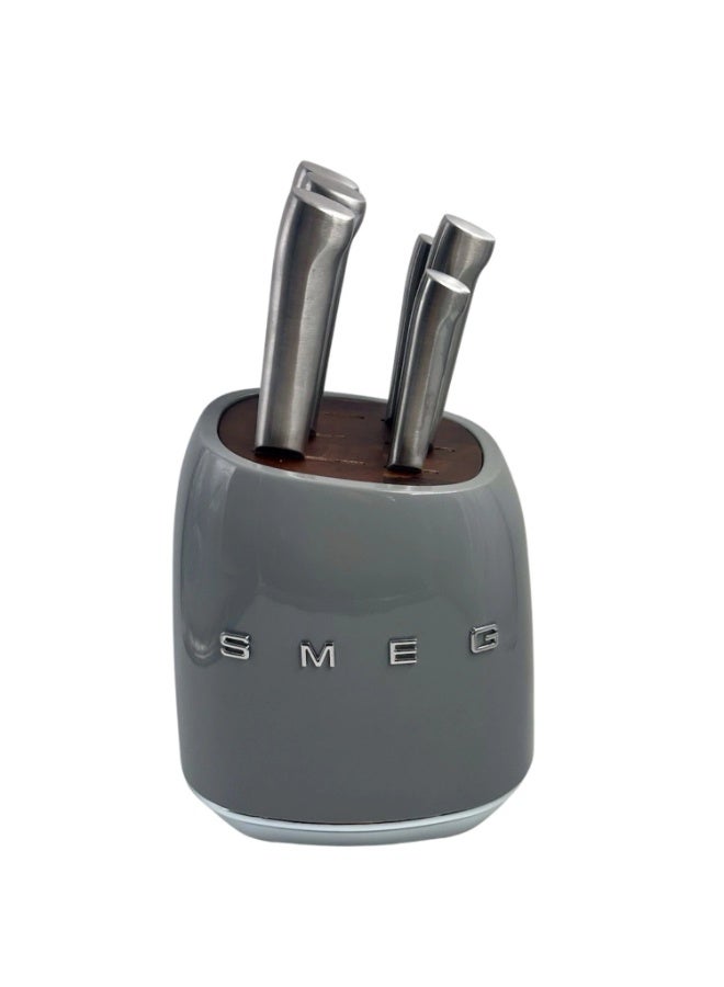 Smeg Knife Block, 6 Knives Included in Stainless Steel, Stainless Steel Block Body and Knife Slot, Acacia Wood, Grey - Image 1