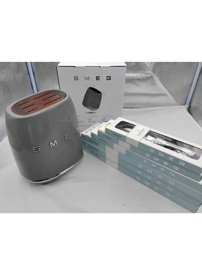 Smeg Knife Block, 6 Knives Included in Stainless Steel, Stainless Steel Block Body and Knife Slot, Acacia Wood, Grey - Image 2