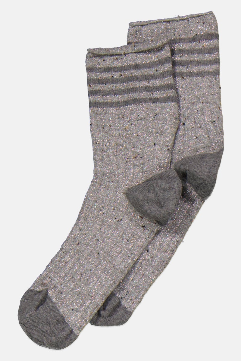 Lemon Women 1 Pair Metallic Tweed Rugby Stripe Crew Socks, Silver