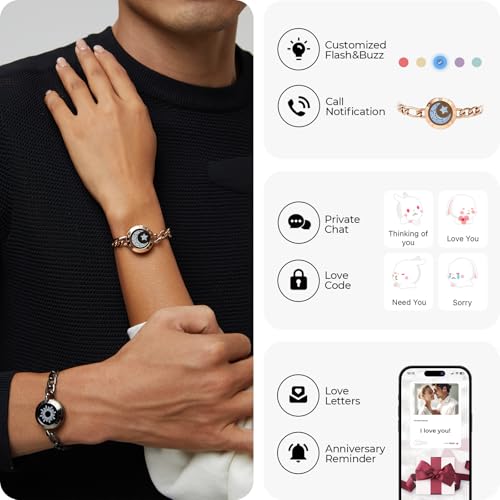 TOTWOO Single Touch Bracelets for Couples, Light up & Vibration for Love Couples | Long Distance Relationship Gifts for Girlfriend, Mother-Daughter, Sisters Bluetooth APP Set Up Pairing Jewelry - Image 3