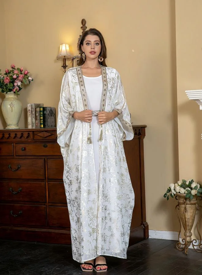 Take Two Take Two Foil Print Tassel Beaded Detail Kimono and Dress Modest Set