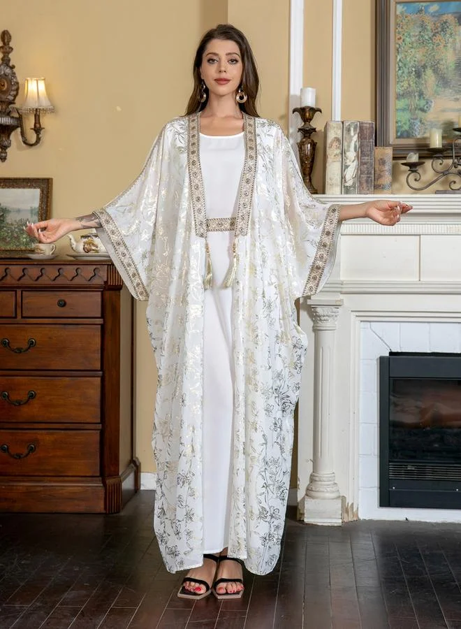 Take Two Take Two Foil Print Tassel Beaded Detail Kimono and Dress Modest Set
