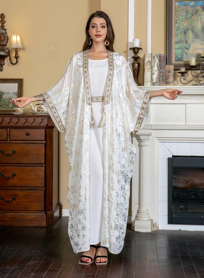 Take Two Foil Print Tassel Beaded Detail Kimono and Dress Modest Set - Image 1