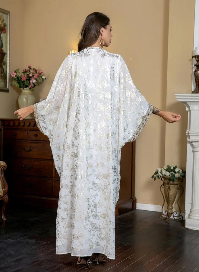 Take Two Foil Print Tassel Beaded Detail Kimono and Dress Modest Set