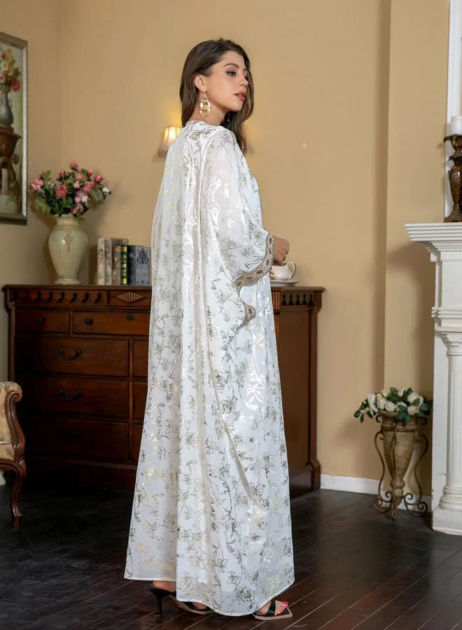 Take Two Foil Print Tassel Beaded Detail Kimono and Dress Modest Set
