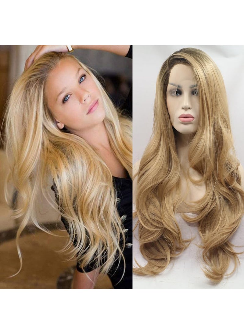 Xiweiya xiweiya Long Natural Wave Ombre Brown Blonde Synthetic Lace Front Wigs with Brown Roots 2 Tones Side Part Wig Heat Resistant Fiber Hair Wigs For Women Replacement Everyday Wigs 24"(Blonde) 