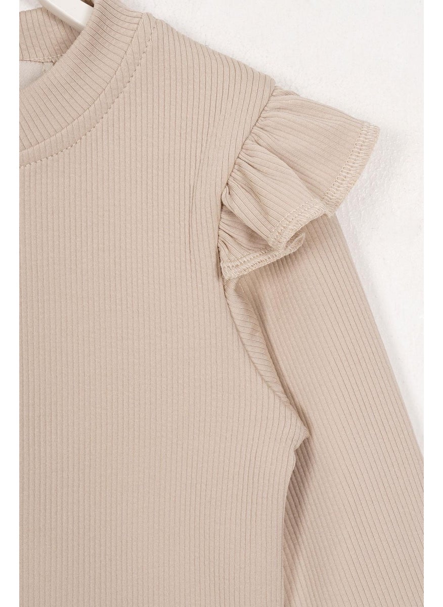 WEWE Crew Neck Long Sleeve Shoulder Ruffle Ribbed Beige Color Girl Bodysuit  - Image 3