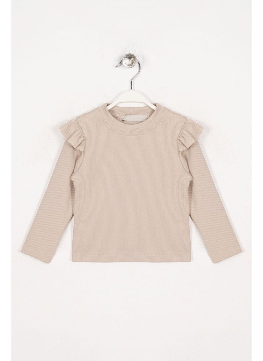 WEWE Crew Neck Long Sleeve Shoulder Ruffle Ribbed Beige Color Girl Bodysuit  - Image 1