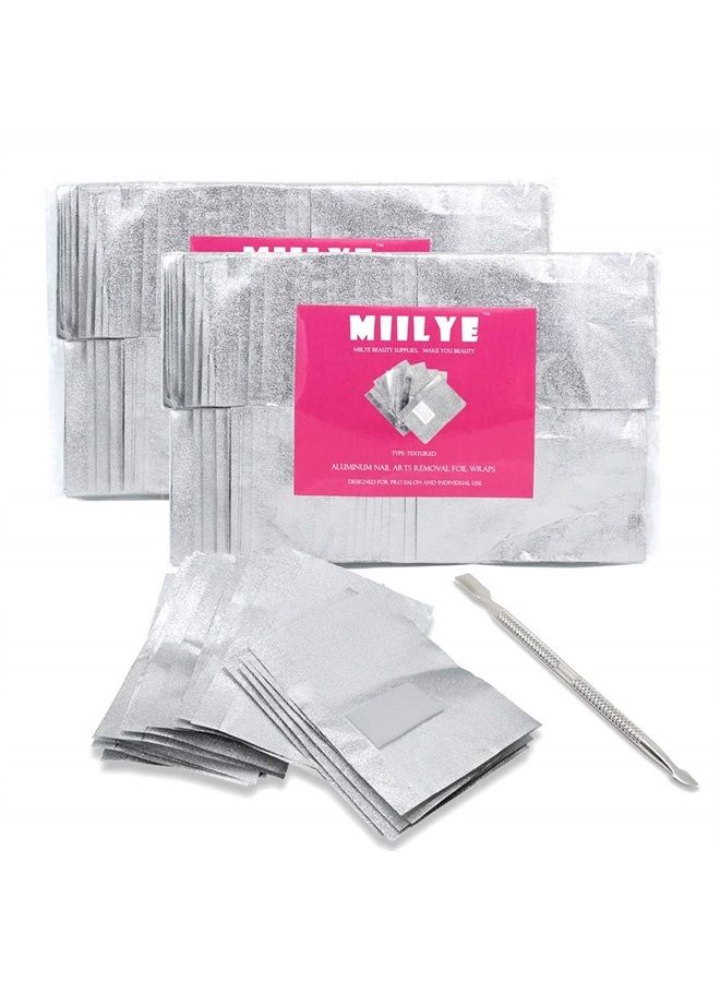 MIILYE Nail Remover Foil Wraps for Acrylic/UV/Gel Polish Soak-off Removal, with Pre-attached Lint Free Pad, Pack of 200 Wraps + 1x Stainless Steel Nail Manicure Remover Scraper Cuticle Pusher Kit - Image 1