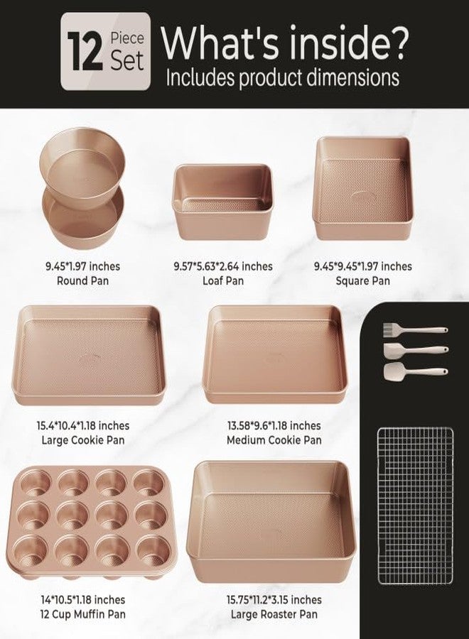 Slow Slog 12-Piece Nonstick Bakeware Set with Baking Pan, Cake Pan, Muffin Pan, Loaf Pan, Square Pan, Roasting Pan, Cookie Pan, Cooling Rack & Utensils - Ceramic Coated Gold - Image 2