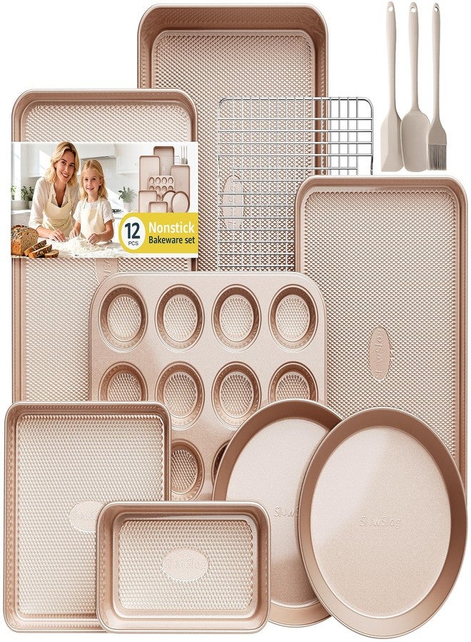 Slow Slog 12-Piece Nonstick Bakeware Set with Baking Pan, Cake Pan, Muffin Pan, Loaf Pan, Square Pan, Roasting Pan, Cookie Pan, Cooling Rack & Utensils - Ceramic Coated Gold - Image 1