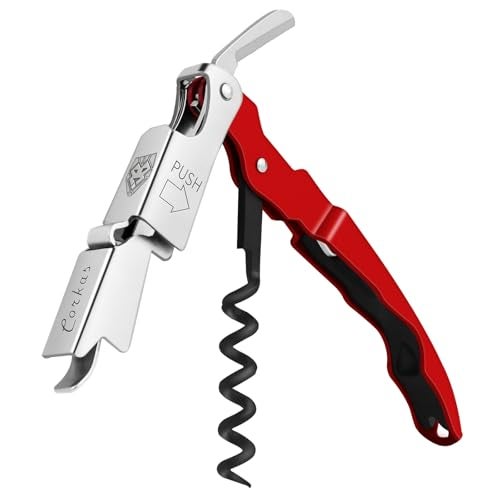 CORKAS Wine Key - Professional Handcrafted Heavy Duty Waiter Corkscrew, Compact Wine Opener with Double Hinged, Foil Cutter and Bottle Opener, Gifts for Servers, Sommelier, Bartenders - Red - Image 1