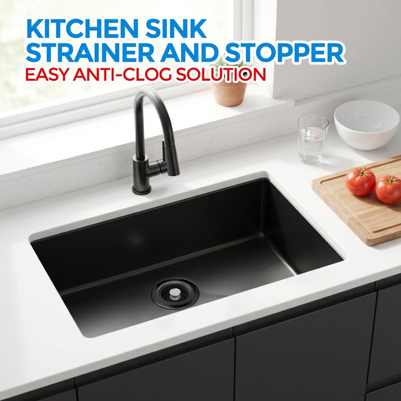 zaa Sink Drain Strainer - Brushed Black Kitchen Sink Stopper, 3 in 1 Stainless Steel Pop-Up Drain Plug with Anti-Clog Basket, Matte Black Cover Fits Standard 3-1/2" Kitchen Sink Drains - Image 2