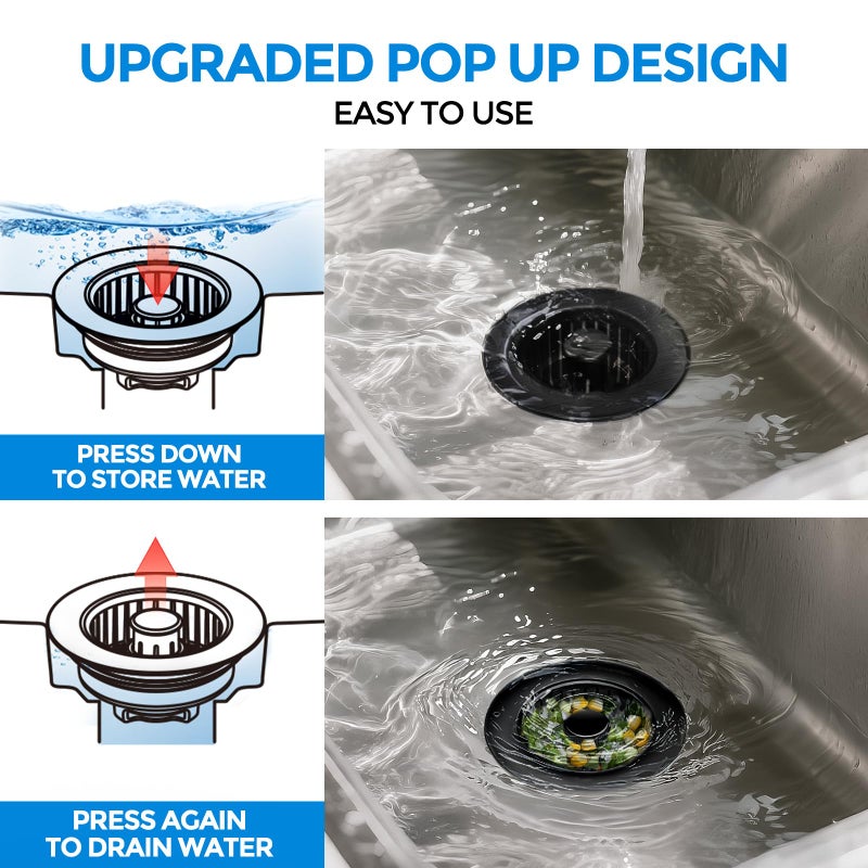 zaa Sink Drain Strainer - Brushed Black Kitchen Sink Stopper, 3 in 1 Stainless Steel Pop-Up Drain Plug with Anti-Clog Basket, Matte Black Cover Fits Standard 3-1/2" Kitchen Sink Drains - Image 3