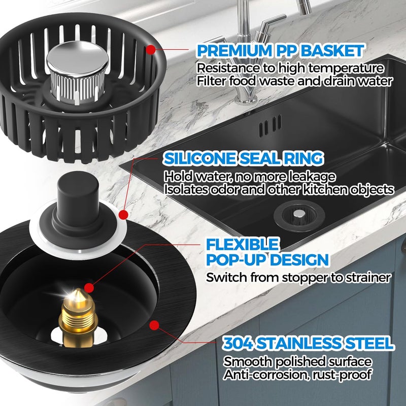 zaa Sink Drain Strainer - Brushed Black Kitchen Sink Stopper, 3 in 1 Stainless Steel Pop-Up Drain Plug with Anti-Clog Basket, Matte Black Cover Fits Standard 3-1/2" Kitchen Sink Drains - Image 5