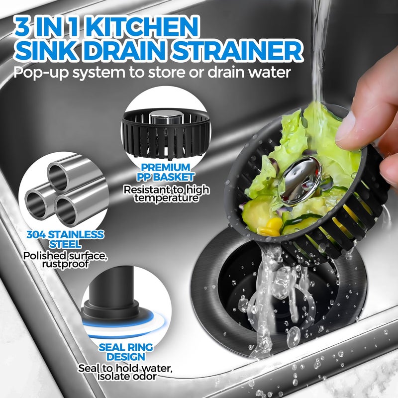 zaa Sink Drain Strainer - Brushed Black Kitchen Sink Stopper, 3 in 1 Stainless Steel Pop-Up Drain Plug with Anti-Clog Basket, Matte Black Cover Fits Standard 3-1/2" Kitchen Sink Drains - Image 4