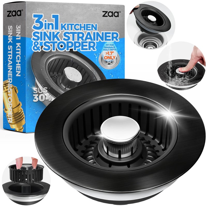 zaa Sink Drain Strainer - Brushed Black Kitchen Sink Stopper, 3 in 1 Stainless Steel Pop-Up Drain Plug with Anti-Clog Basket, Matte Black Cover Fits Standard 3-1/2" Kitchen Sink Drains - Image 1