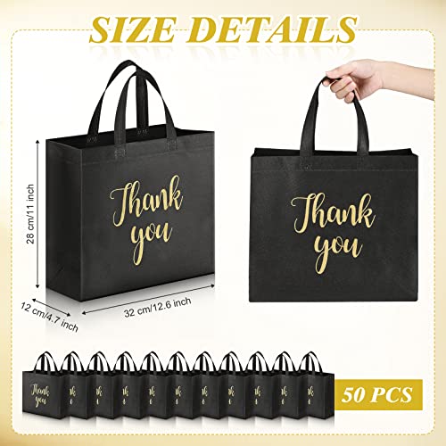 Fumete 50 Pcs Reusable Non Woven Christmas Thank You Bags Shopping Grocery Merchandise Bag Bulk with Handles(Black, Gold) - Image 2