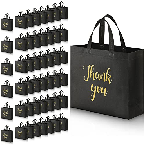 Fumete 50 Pcs Reusable Non Woven Christmas Thank You Bags Shopping Grocery Merchandise Bag Bulk with Handles(Black, Gold) - Image 1