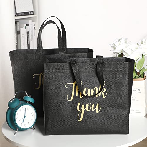 Fumete 50 Pcs Reusable Non Woven Christmas Thank You Bags Shopping Grocery Merchandise Bag Bulk with Handles(Black, Gold) - Image 3