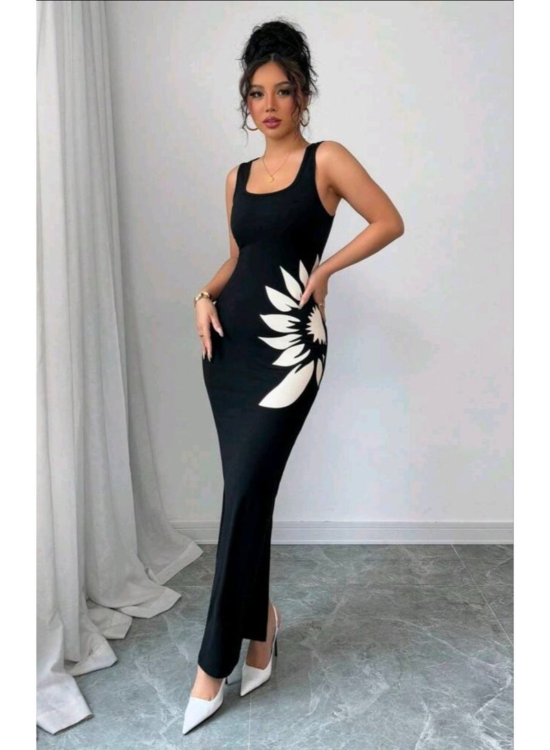 SHEIN Casual Crew Neck Printed Side Split Sleeveless Dress For Women - Image 4