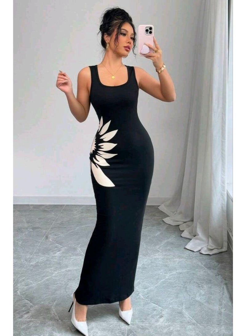 SHEIN Casual Crew Neck Printed Side Split Sleeveless Dress For Women - Image 1